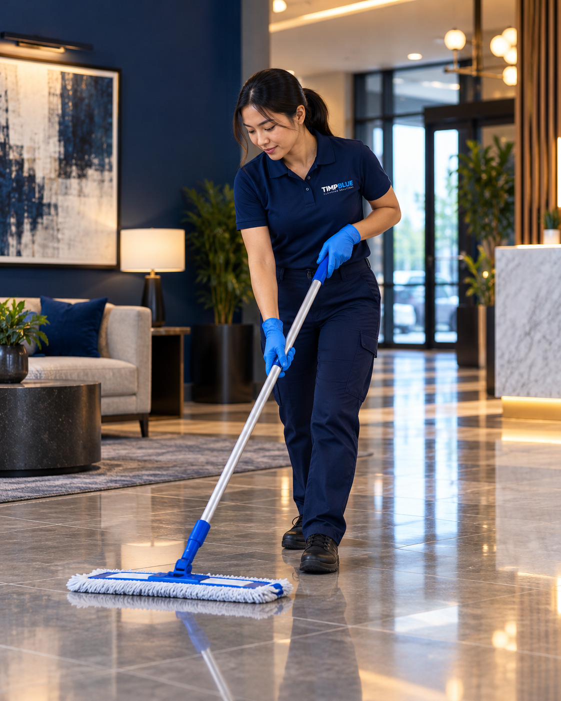 Profissional TIMPBLUE limpando uma mesa, olhando para baixo